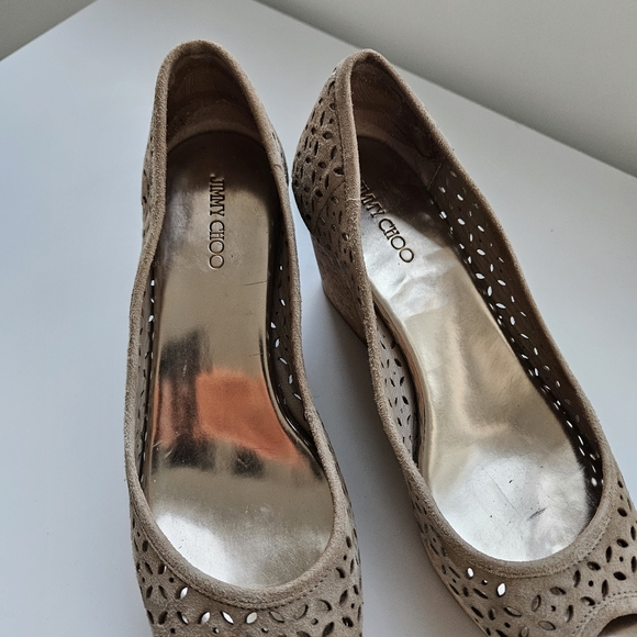 Jimmy Choo Tan Suede Lazer Cut Cork Flatform Shoes - Picture 4 of 8